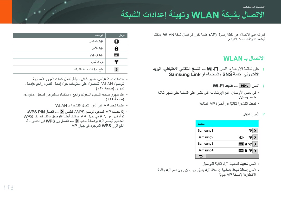 Samsung EV-NX2000DGWM3, EV-NX2000BJPSA manual ةكبشلا تادادعإ ةئيهتو Wlan ةكبشب لاصتلاا, 124, Wlan ـب لاصتلاا, Ap سملا 