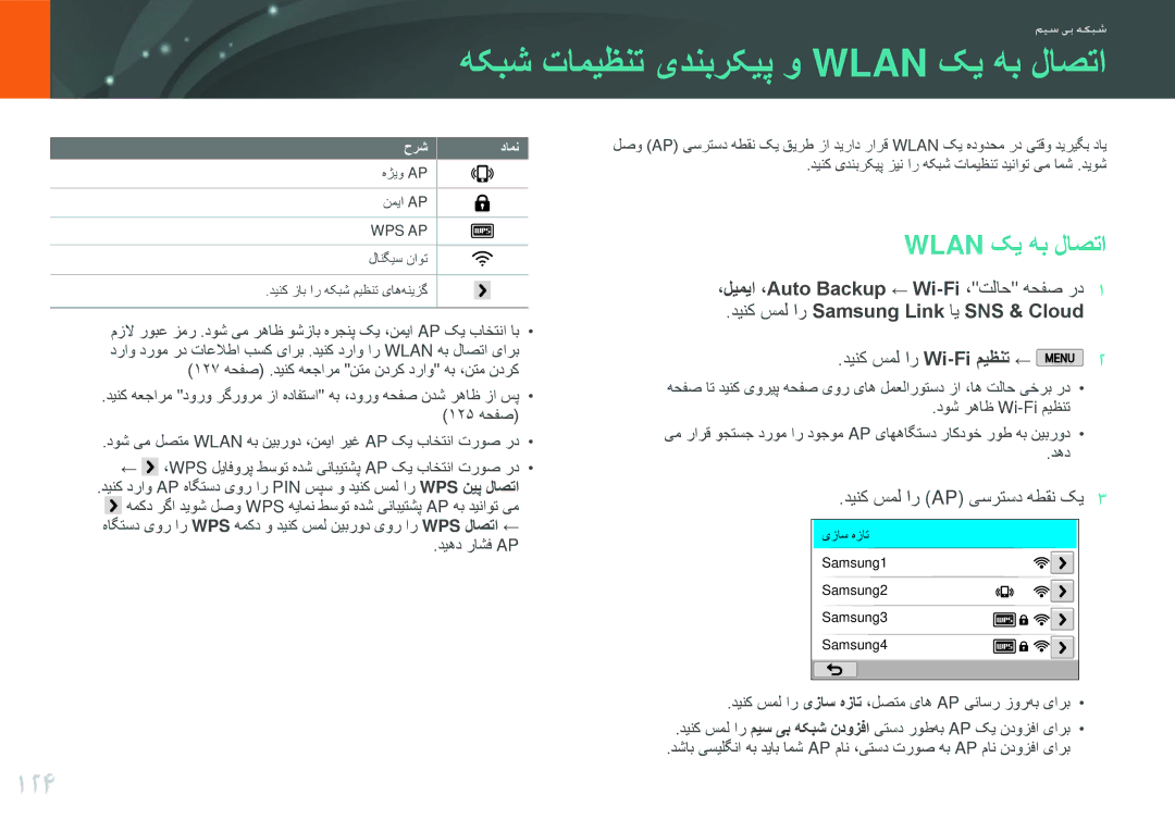 Samsung EV-NX2000DGWM3, EV-NX2000BJPSA manual هکبش تامیظنت یدنبرکیپ و Wlan کی هب لاصتا, 124, دینک سمل ار Wi-Fi میظنت ← 