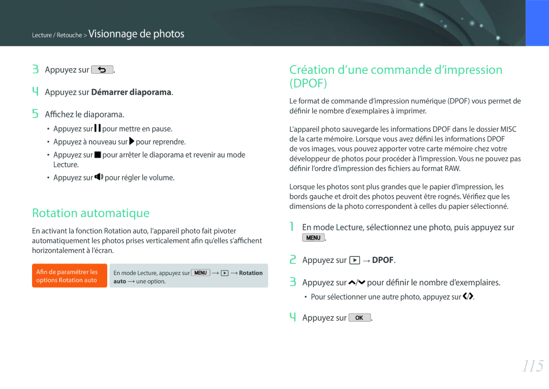 Samsung EV-NX2000BSBFR manual 115, Rotation automatique, Création d’une commande d’impression Dpof, Affichez le diaporama 
