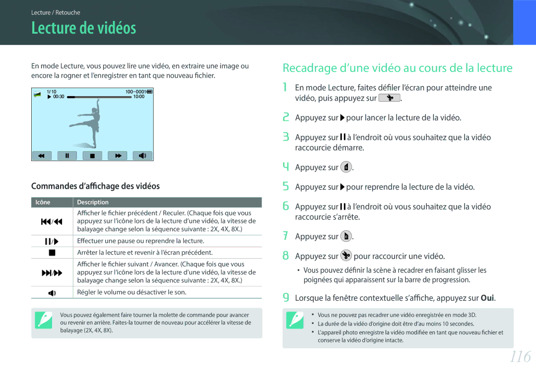 Samsung EV-NX2000BPWFR, EV-NX2000BSBFR, EV-NX2000BFWCH manual Lecture de vidéos, 116, Commandes d’affichage des vidéos 