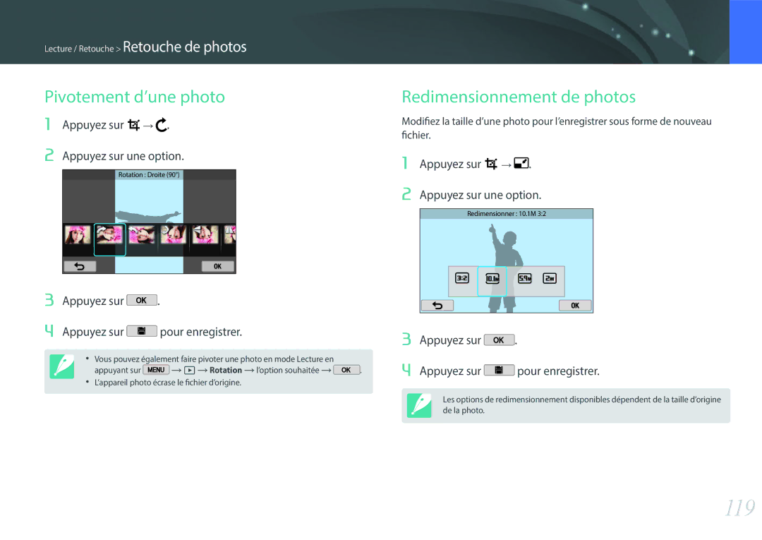 Samsung EV-NX2000BSBFR 119, Pivotement d’une photo, Redimensionnement de photos, Appuyez sur → Appuyez sur une option 