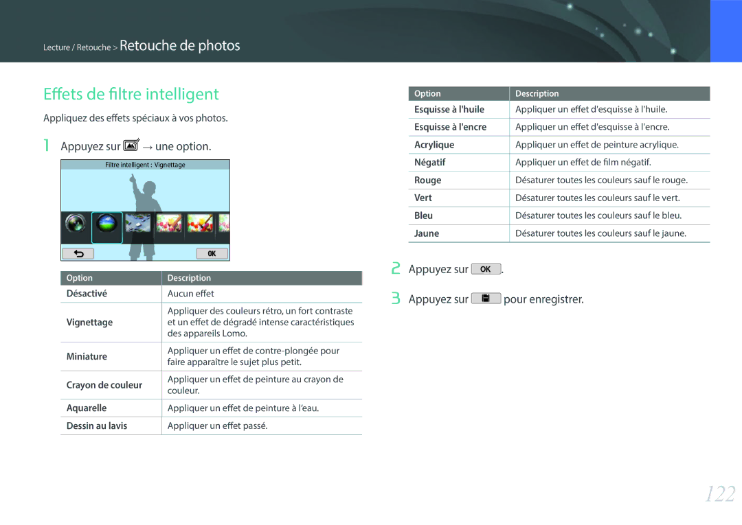 Samsung EV-NX2000BQWFR, EV-NX2000BSBFR, EV-NX2000BPWFR manual 122, Effets de filtre intelligent, Appuyez sur → une option 