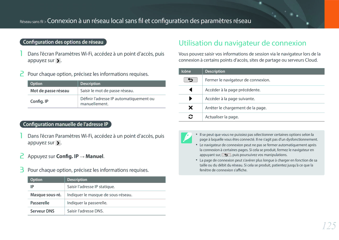 Samsung EV-NX2000BFWCH, EV-NX2000BSBFR 125, Utilisation du navigateur de connexion, Configuration des options de réseau 