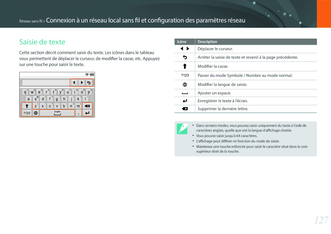 Samsung EV-NX2000BSBFR, EV-NX2000BPWFR, EV-NX2000BFWCH, EV-NX2000BQWFR manual 127, Saisie de texte 