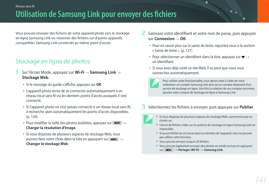 Samsung EV-NX2000BFWCH manual Utilisation de Samsung Link pour envoyer des fichiers, 141, Stockage en ligne de photos 