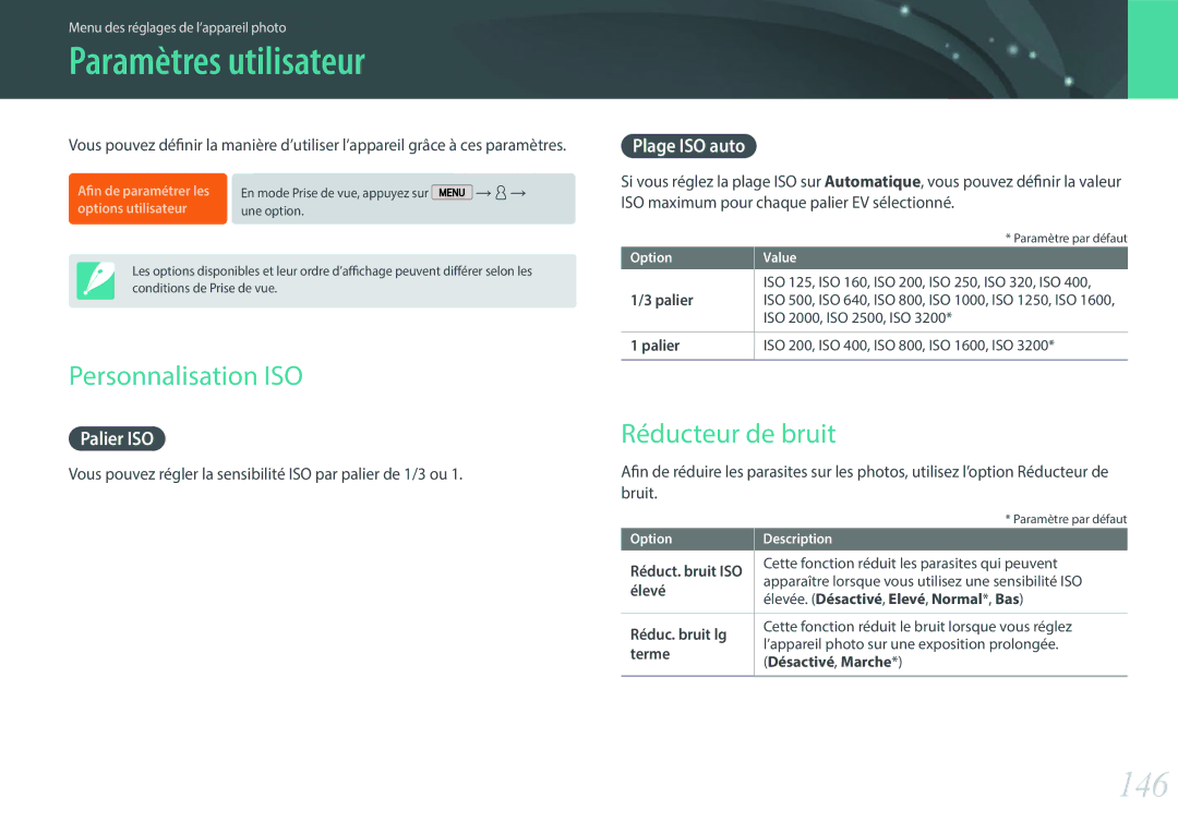 Samsung EV-NX2000BQWFR, EV-NX2000BSBFR manual Paramètres utilisateur, 146, Personnalisation ISO, Réducteur de bruit 