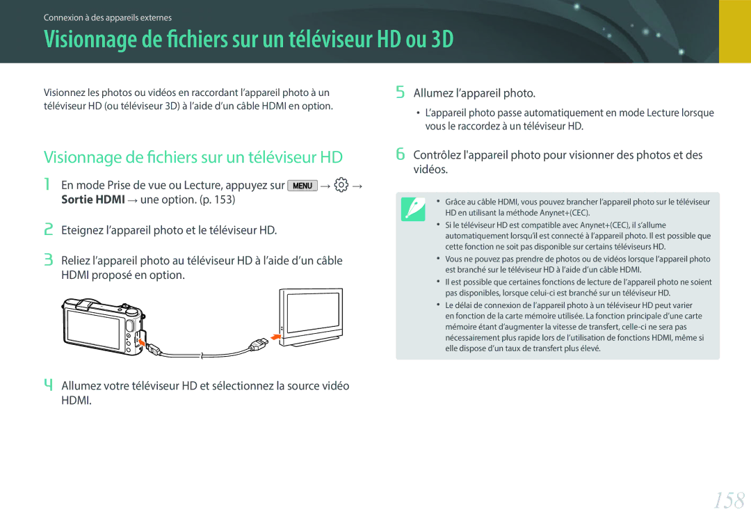 Samsung EV-NX2000BQWFR, EV-NX2000BSBFR Visionnage de fichiers sur un téléviseur HD ou 3D, 158, Allumez l’appareil photo 