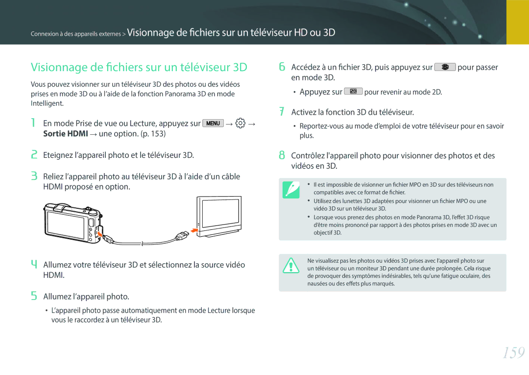 Samsung EV-NX2000BSBFR manual 159, Visionnage de fichiers sur un téléviseur 3D, Activez la fonction 3D du téléviseur 