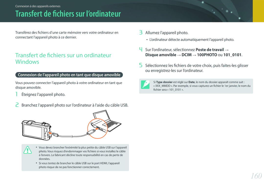 Samsung EV-NX2000BPWFR, EV-NX2000BSBFR 160, Transfert de fichiers sur un ordinateur Windows, Éteignez l’appareil photo 