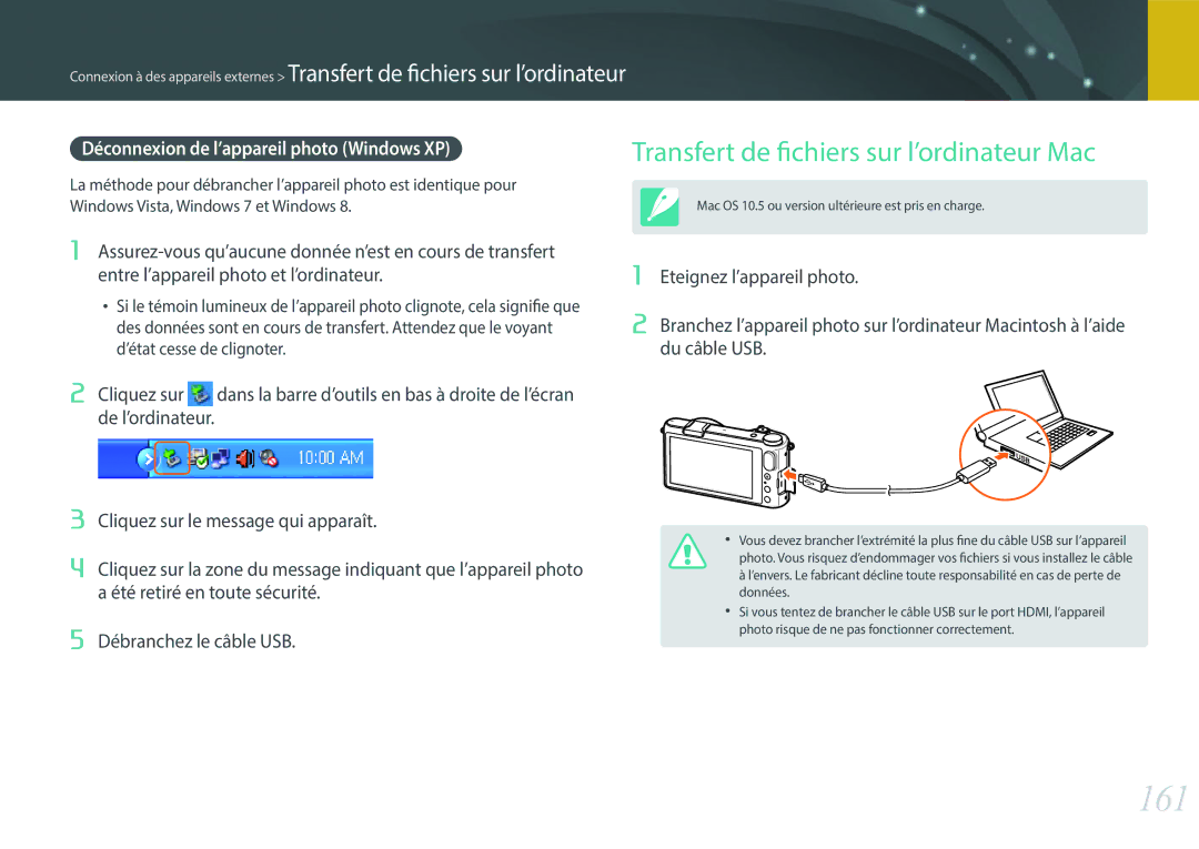 Samsung EV-NX2000BFWCH manual 161, Transfert de fichiers sur l’ordinateur Mac, Déconnexion de l’appareil photo Windows XP 