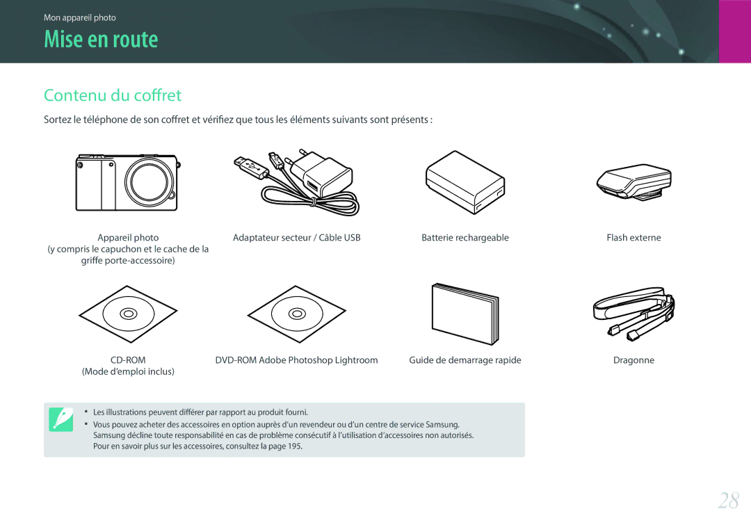 Samsung EV-NX2000BPWFR manual Mise en route, Contenu du coffret, Adaptateur secteur / Câble USB Batterie rechargeable 