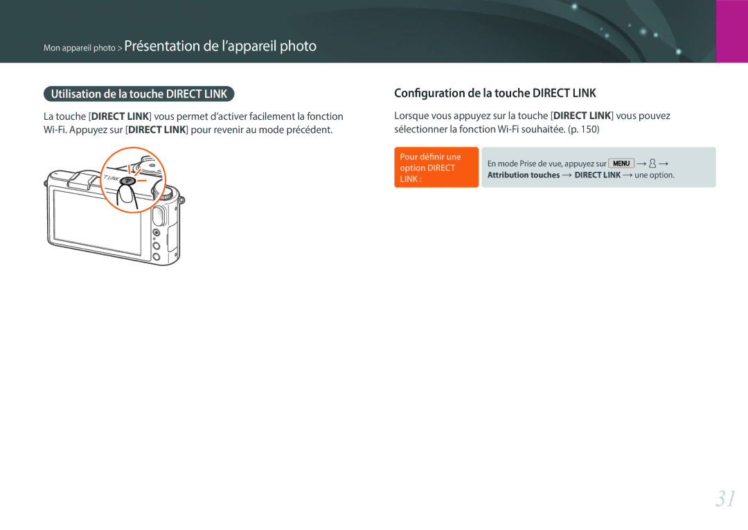 Samsung EV-NX2000BSBFR, EV-NX2000BPWFR Configuration de la touche Direct Link, Utilisation de la touche Direct Link, → 5 → 