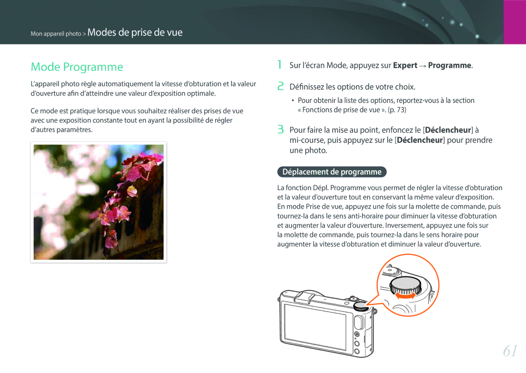 Samsung EV-NX2000BFWCH, EV-NX2000BSBFR, EV-NX2000BPWFR, EV-NX2000BQWFR manual Mode Programme, Déplacement de programme 