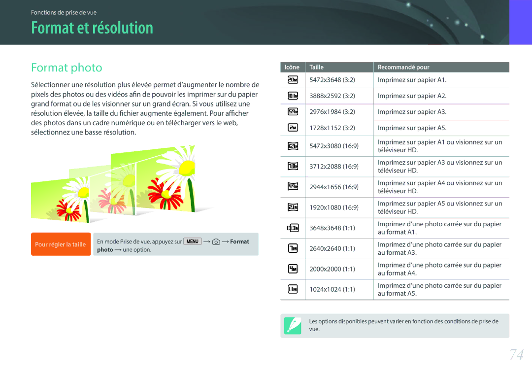 Samsung EV-NX2000BQWFR, EV-NX2000BSBFR, EV-NX2000BPWFR, EV-NX2000BFWCH manual Format et résolution, Format photo 