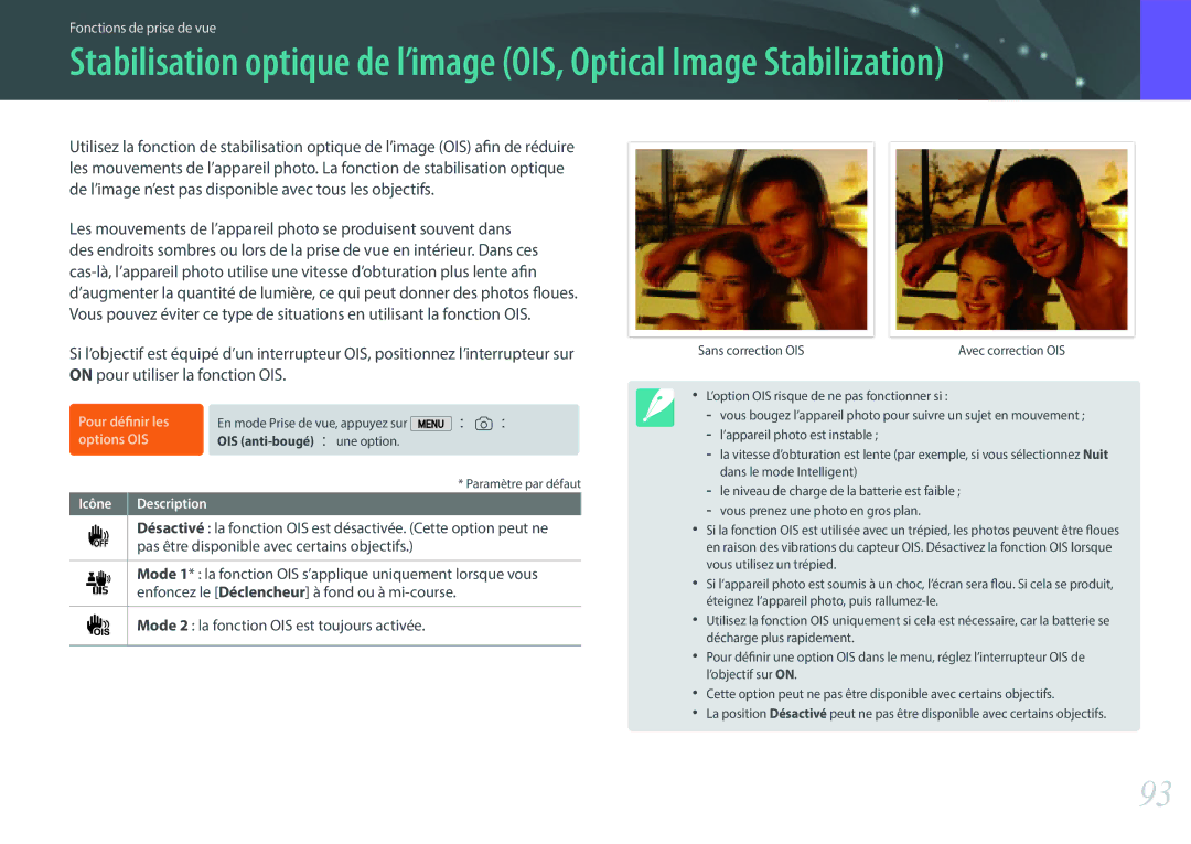 Samsung EV-NX2000BFWCH, EV-NX2000BSBFR, EV-NX2000BPWFR, EV-NX2000BQWFR manual Options OIS 