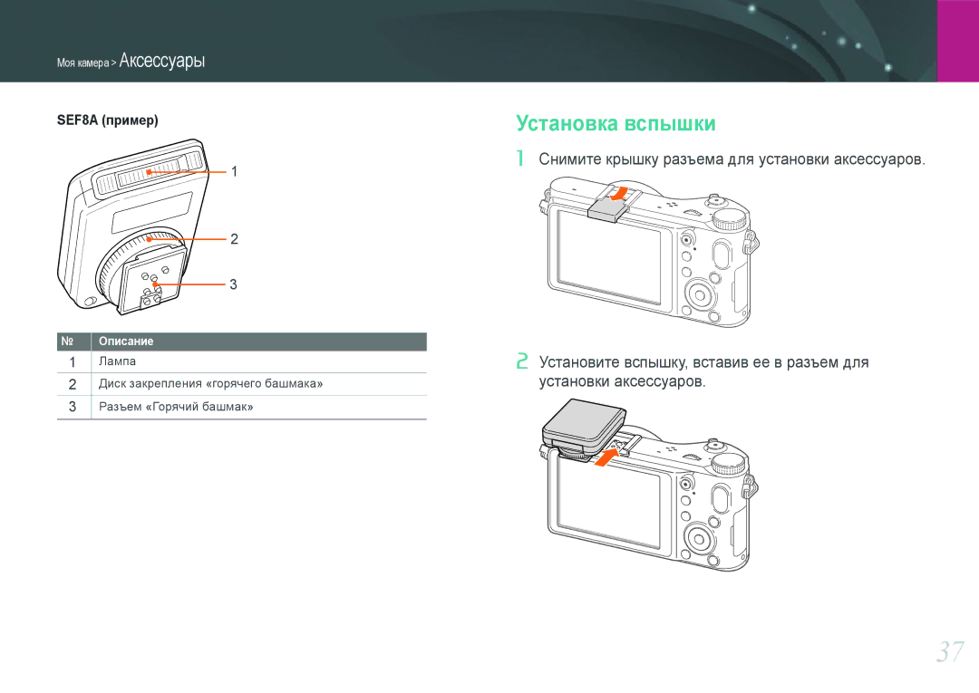 Samsung EV-NX200ZBSBRU, EV-NX200ZBABEE, EV-NX200ZBEBRU, EV-NX200ZBABRU manual Установка вспышки, Описание 