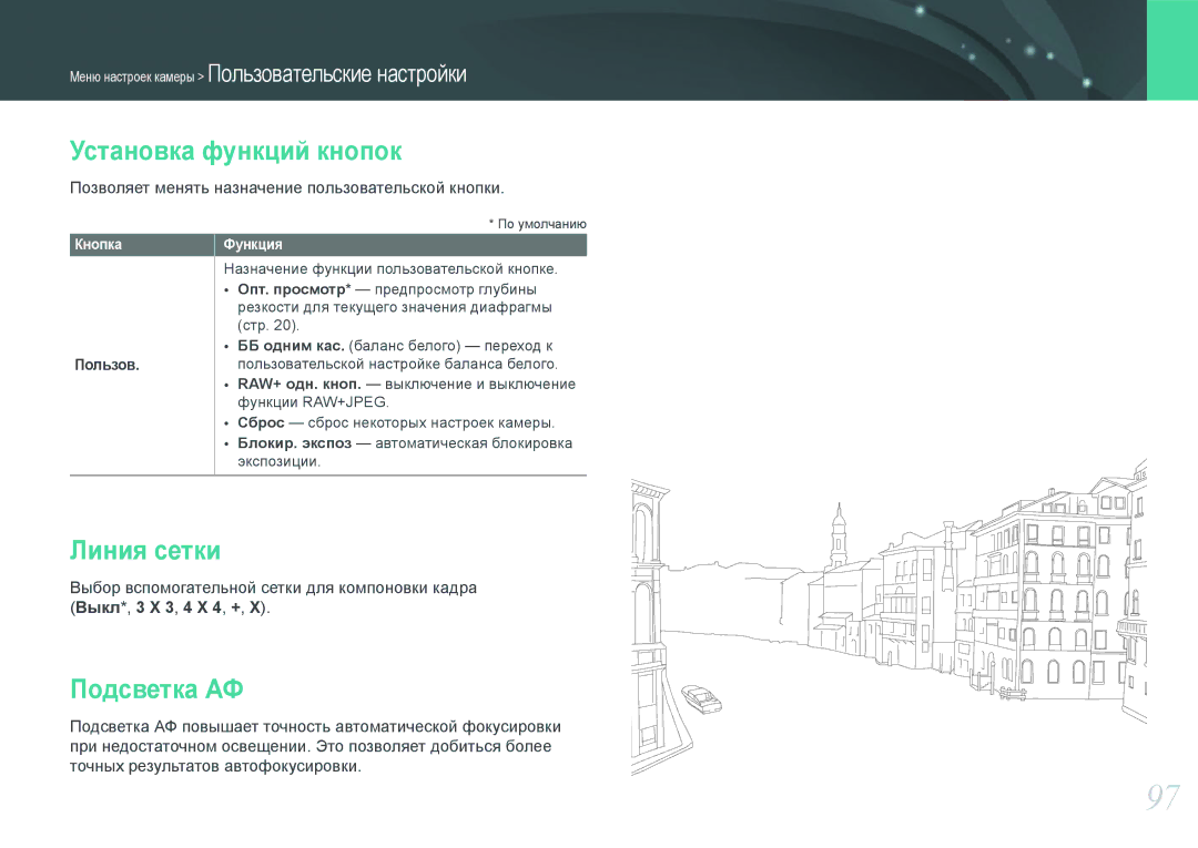 Samsung EV-NX200ZBSBRU manual Установка функций кнопок, Линия сетки, Подсветка АФ, Пользов, Выкл*, 3 X 3, 4 X 4, + 