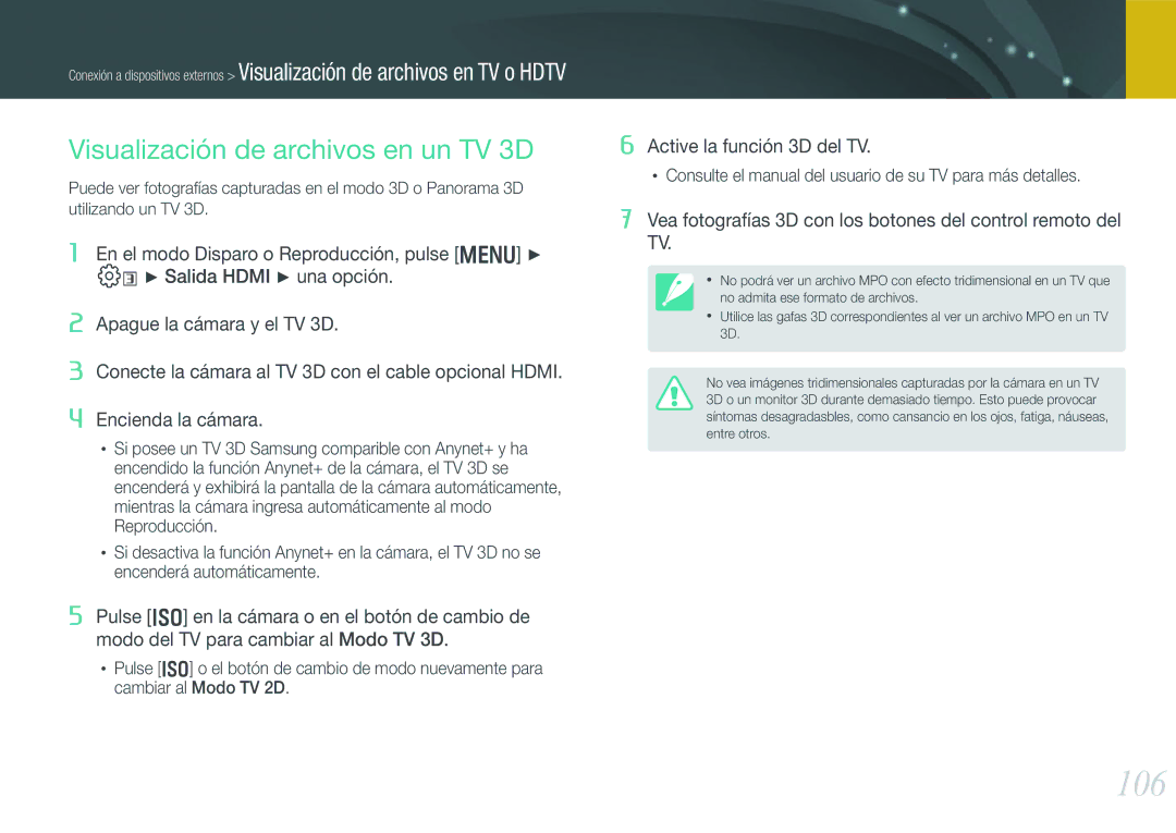 Samsung EV-NX200ZBABES manual 106, Visualización de archivos en un TV 3D 