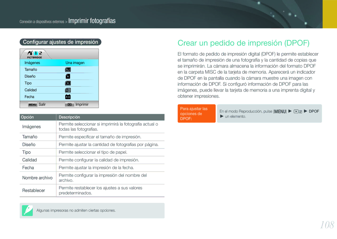 Samsung EV-NX200ZBABES manual 108, Crear un pedido de impresión Dpof, Conﬁgurar ajustes de impresión, Todas las fotografías 
