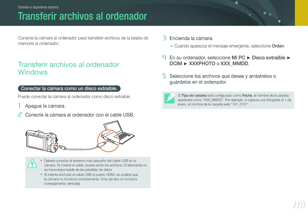 Samsung EV-NX200ZBABES manual 110, Transferir archivos al ordenador Windows, Conectar la cámara como un disco extraíble 