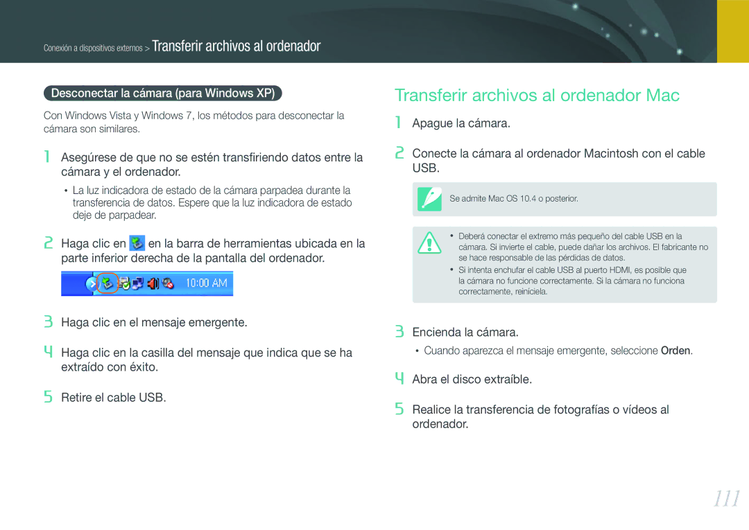 Samsung EV-NX200ZBABES manual 111, Transferir archivos al ordenador Mac, Desconectar la cámara para Windows XP 