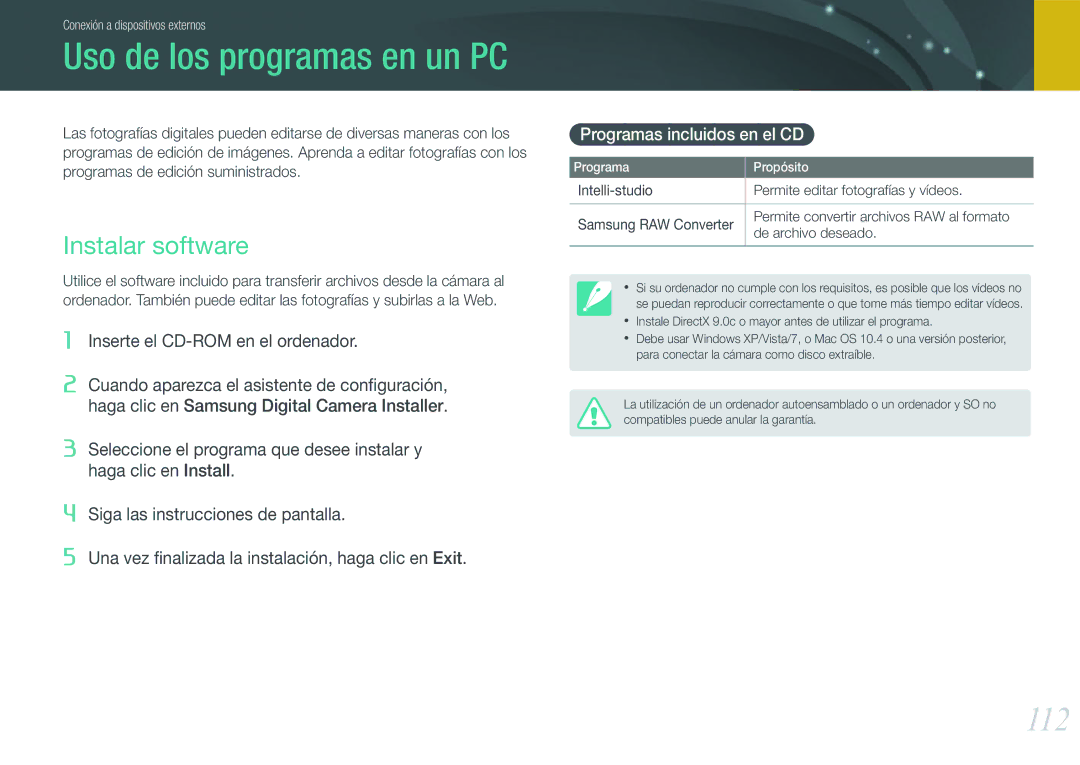 Samsung EV-NX200ZBABES manual 112, Instalar software, Programas incluidos en el CD 