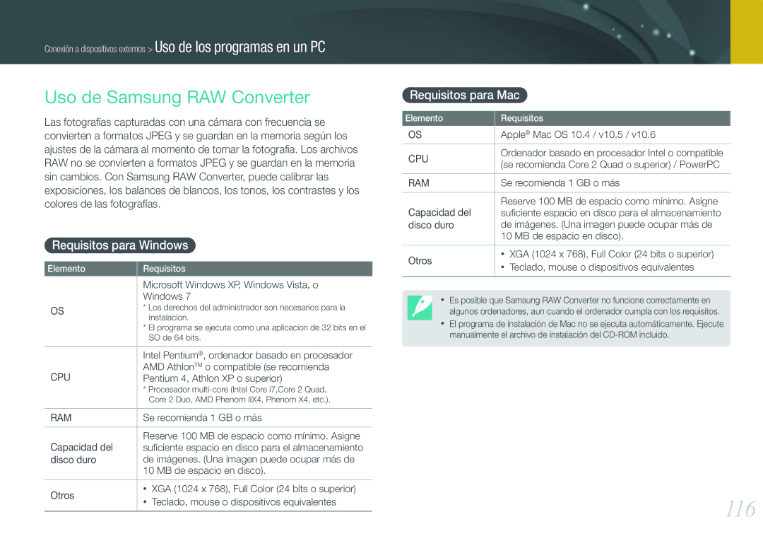 Samsung EV-NX200ZBABES manual 116, Uso de Samsung RAW Converter, Requisitos para Windows, Requisitos para Mac 