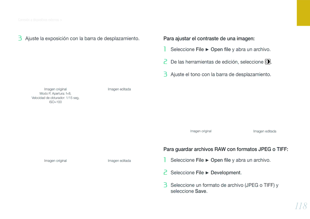 Samsung EV-NX200ZBABES 118, Para ajustar el contraste de una imagen, Para guardar archivos RAW con formatos Jpeg o Tiff 