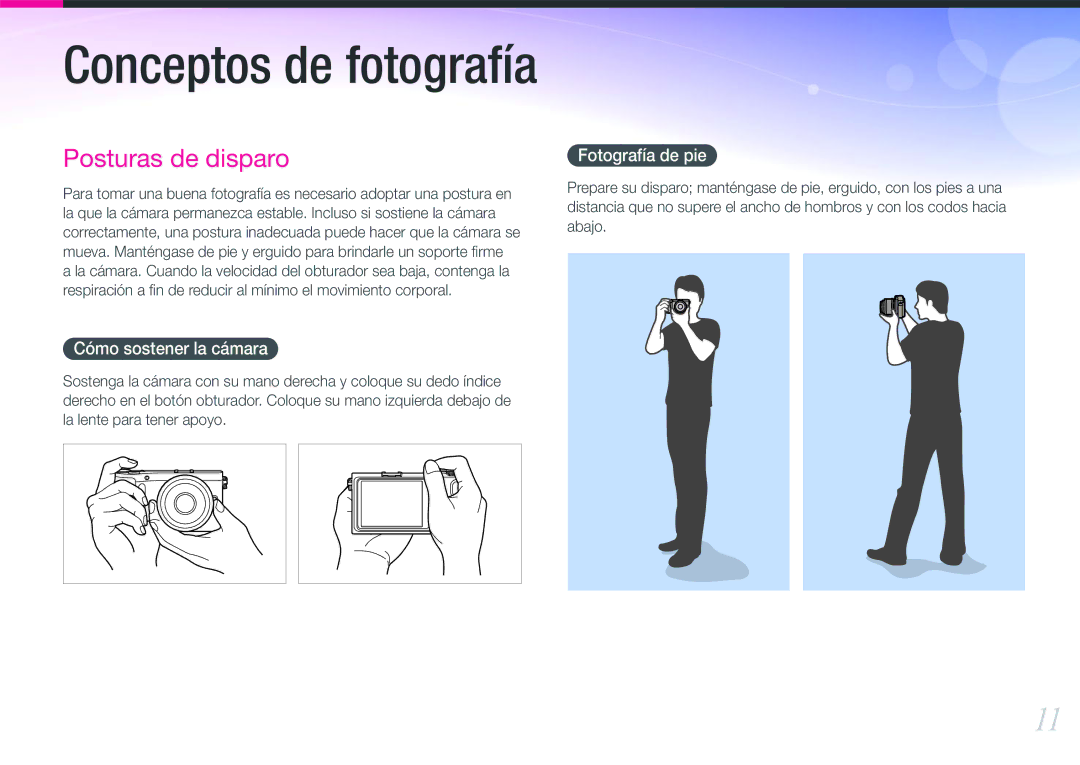 Samsung EV-NX200ZBABES manual Cómo sostener la cámara, Fotografía de pie 