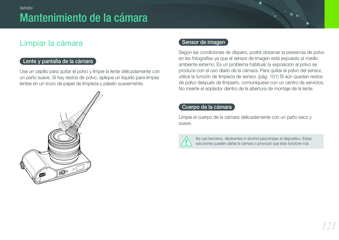 Samsung EV-NX200ZBABES manual Mantenimiento de la cámara, 121, Limpiar la cámara 