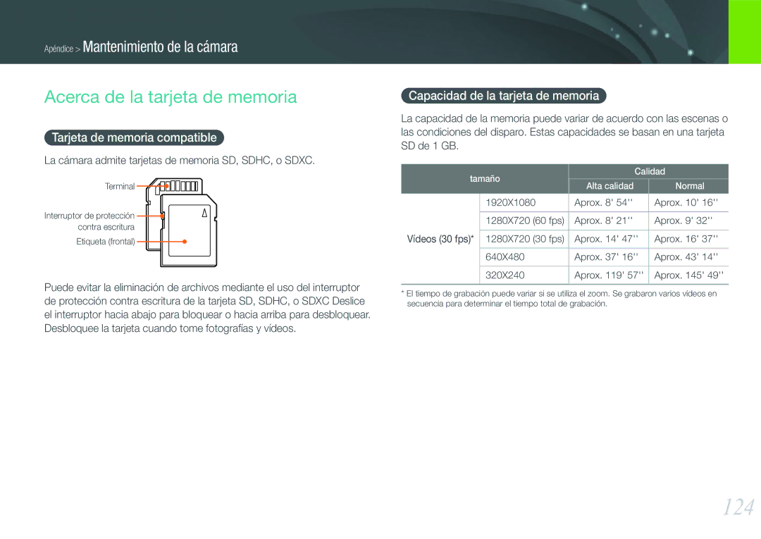 Samsung EV-NX200ZBABES manual 124, Acerca de la tarjeta de memoria, Tarjeta de memoria compatible 