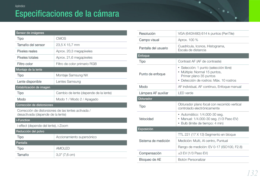 Samsung EV-NX200ZBABES manual Especiﬁcaciones de la cámara, 132 