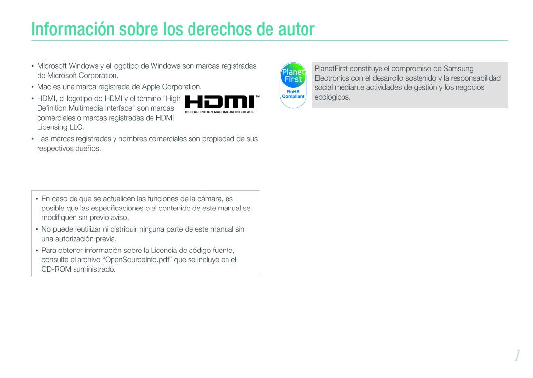 Samsung EV-NX200ZBABES manual Información sobre los derechos de autor 