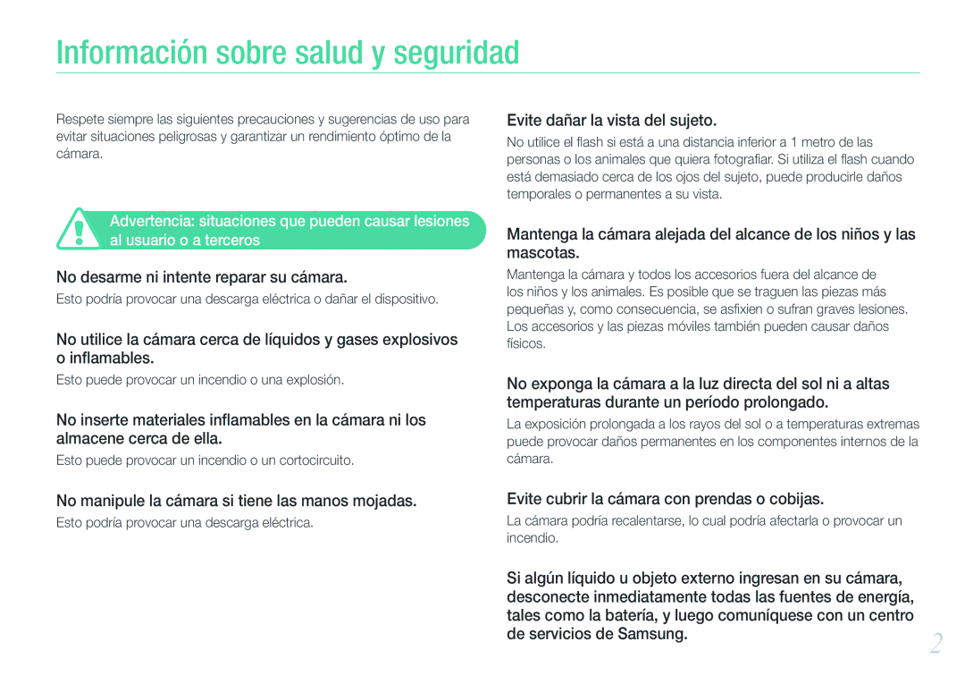 Samsung EV-NX200ZBABES manual Información sobre salud y seguridad, No desarme ni intente reparar su cámara 