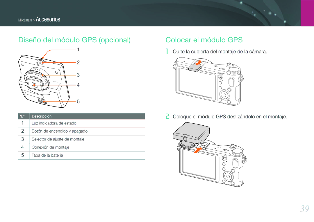 Samsung EV-NX200ZBABES manual Diseño del módulo GPS opcional, Colocar el módulo GPS 