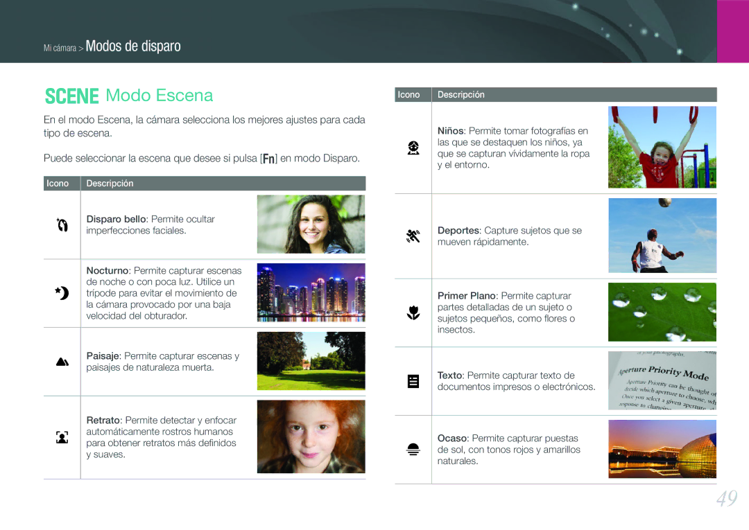 Samsung EV-NX200ZBABES Modo Escena, Tipo de escena, Niños Permite tomar fotografías en, Las que se destaquen los niños, ya 