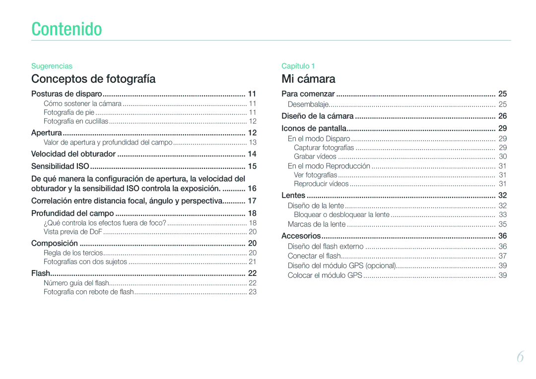 Samsung EV-NX200ZBABES manual Contenido, Posturas de disparo, Velocidad del obturador, Profundidad del campo 