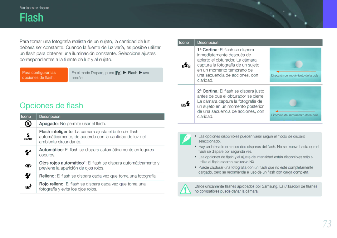 Samsung EV-NX200ZBABES manual Flash, Opciones de ﬂash 