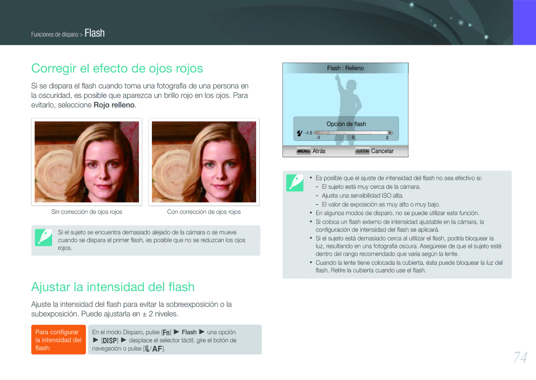 Samsung EV-NX200ZBABES manual Corregir el efecto de ojos rojos, Ajustar la intensidad del ﬂash 