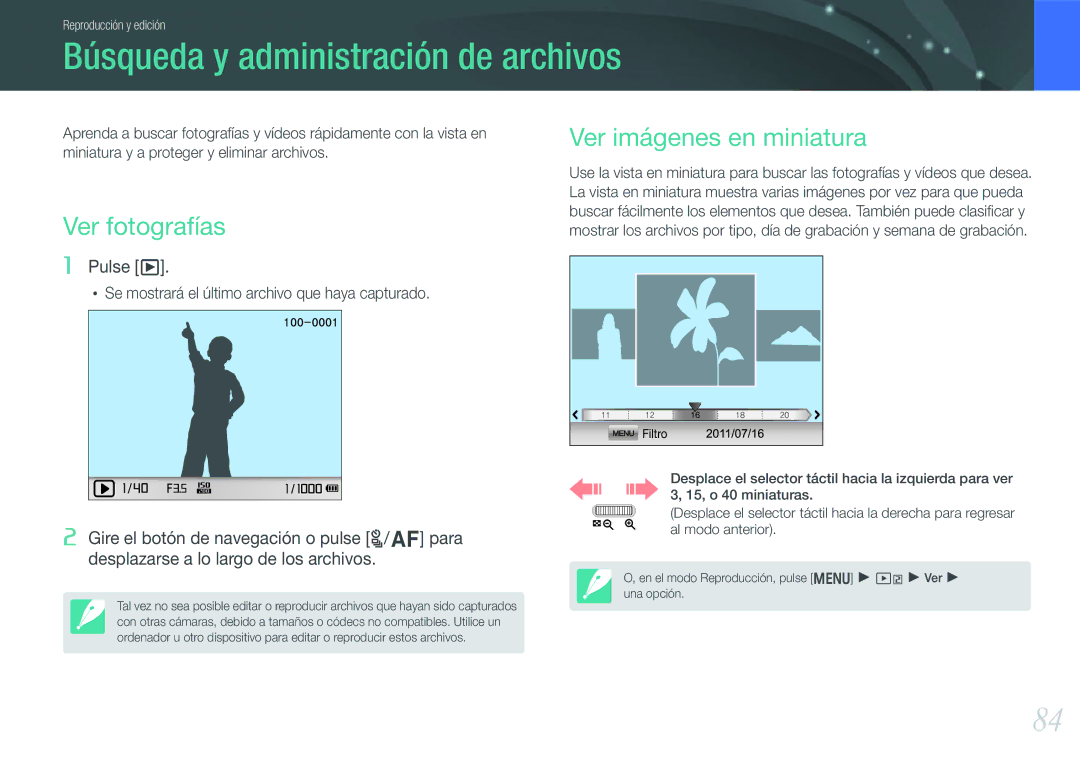 Samsung EV-NX200ZBABES manual Búsqueda y administración de archivos, Ver fotografías, Ver imágenes en miniatura 