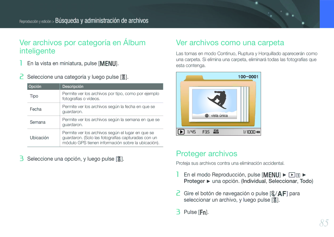 Samsung EV-NX200ZBABES Ver archivos por categoría en Álbum inteligente, Ver archivos como una carpeta, Proteger archivos 