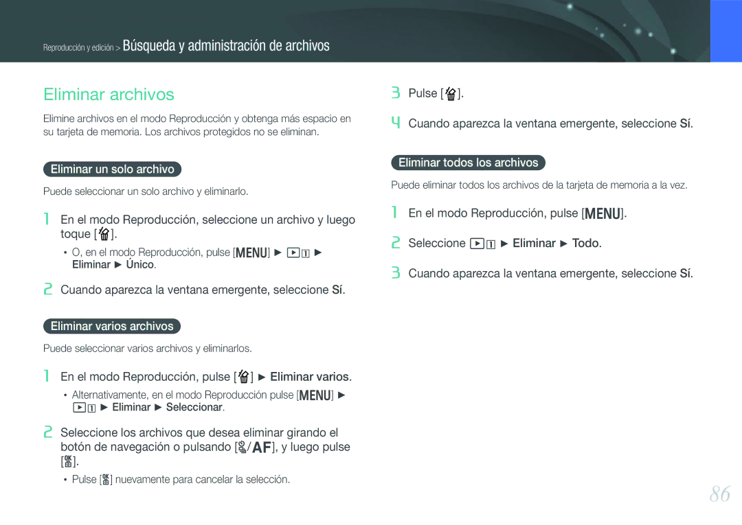 Samsung EV-NX200ZBABES Eliminar archivos, Eliminar un solo archivo, Eliminar varios archivos, Eliminar todos los archivos 
