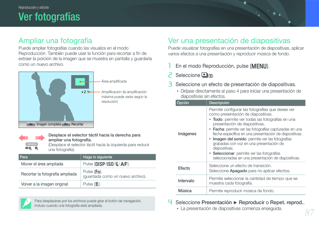 Samsung EV-NX200ZBABES manual Ver fotografías, Ampliar una fotografía, Ver una presentación de diapositivas 