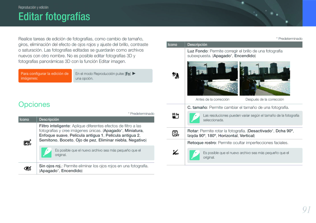 Samsung EV-NX200ZBABES manual Editar fotografías, Opciones, Luz Fondo Permite corregir el brillo de una fotografía 