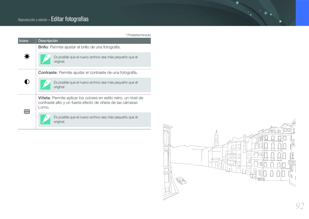 Samsung EV-NX200ZBABES manual Brillo Permite ajustar el brillo de una fotografía 