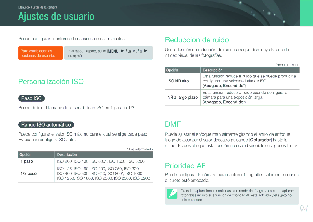 Samsung EV-NX200ZBABES manual Ajustes de usuario, Personalización ISO, Reducción de ruido, Prioridad AF 