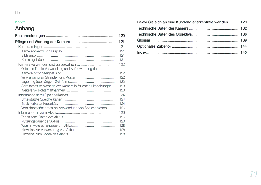 Samsung EV-NX200ZBSTDE, EV-NX200ZBABPL manual Fehlermeldungen, Pﬂege und Wartung der Kamera, 121, 122, 123, 124, 126, 128 