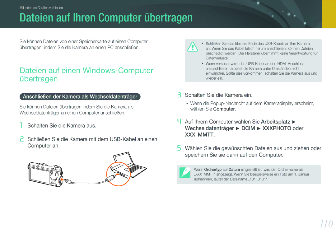 Samsung EV-NX200ZBABPL manual Dateien auf Ihren Computer übertragen, 110, Dateien auf einen Windows-Computer übertragen 