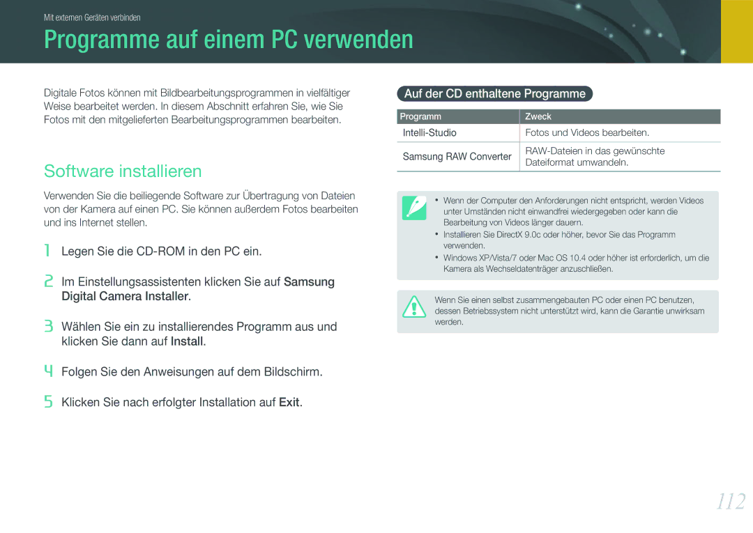 Samsung EV-NX200ZBSTDE manual Programme auf einem PC verwenden, 112, Software installieren, Auf der CD enthaltene Programme 