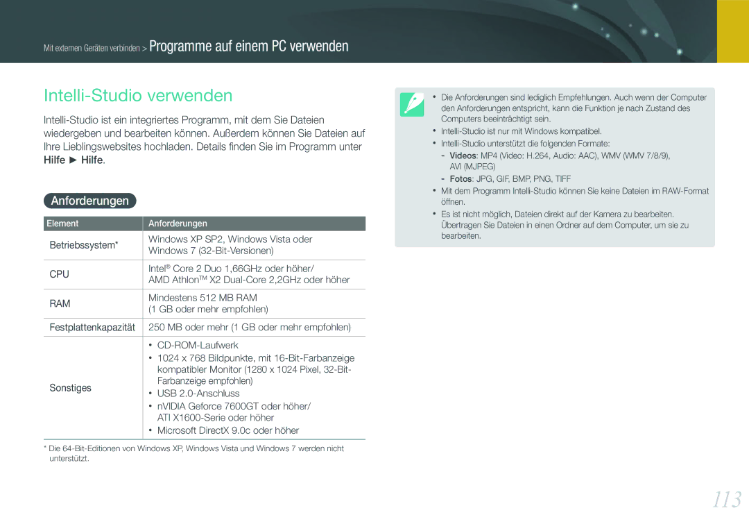 Samsung EV-NX200ZBABPL, EV-NX200ZBSBDE, EV-NX200ZBSTDE manual 113, Intelli-Studio verwenden, Anforderungen 